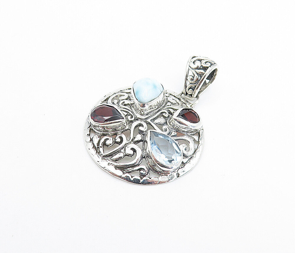 925 Sterling Silver  Larimar Garnet & Blue Topaz Round Swirl Pendant  PT5924