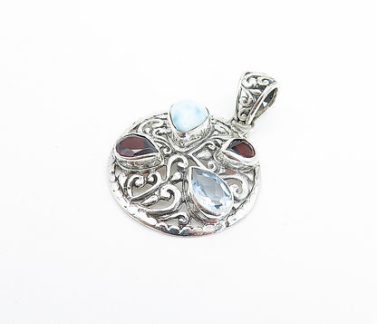 925 Sterling Silver  Larimar Garnet & Blue Topaz Round Swirl Pendant  PT5924