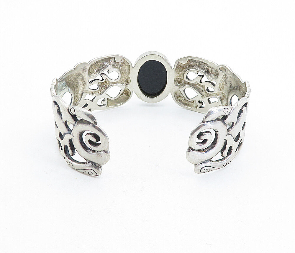 925 Sterling Silver  Vintage Black Agate Modernist Swirl Cuff Bracelet  BT2155