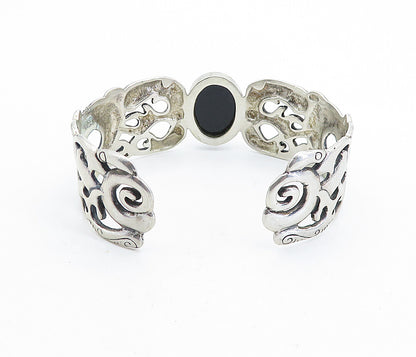 925 Sterling Silver  Vintage Black Agate Modernist Swirl Cuff Bracelet  BT2155