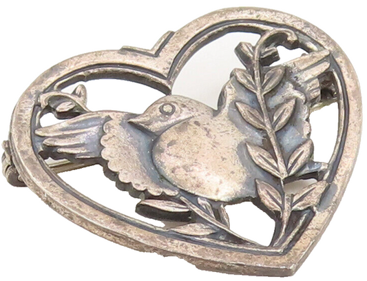 CORO 925 Silver  Vintage Antique Rare Bird On Branch Heart Brooch Pin  BP10373