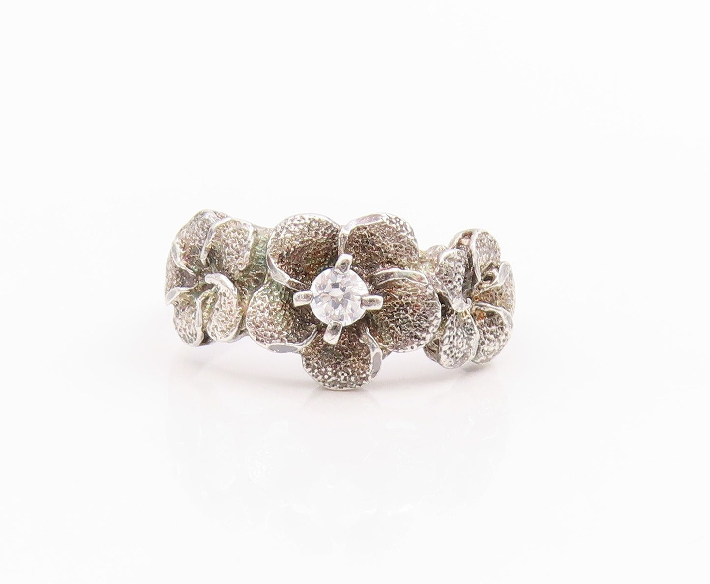 925 Sterling Silver Vintage Ring CZ Carved Floral Statement Band  Sz 7  RG34461