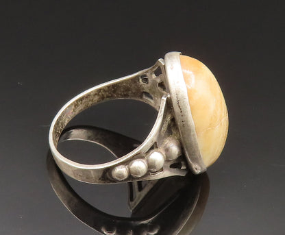 925 Sterling Silver  Vintage Cabochon Agate Beaded Shank Ring Sz 7.5  RG24933