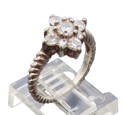 925 Sterling Silver  Vintage Twisted Rope CZ Beaded Floral Ring Sz 4  RG27428