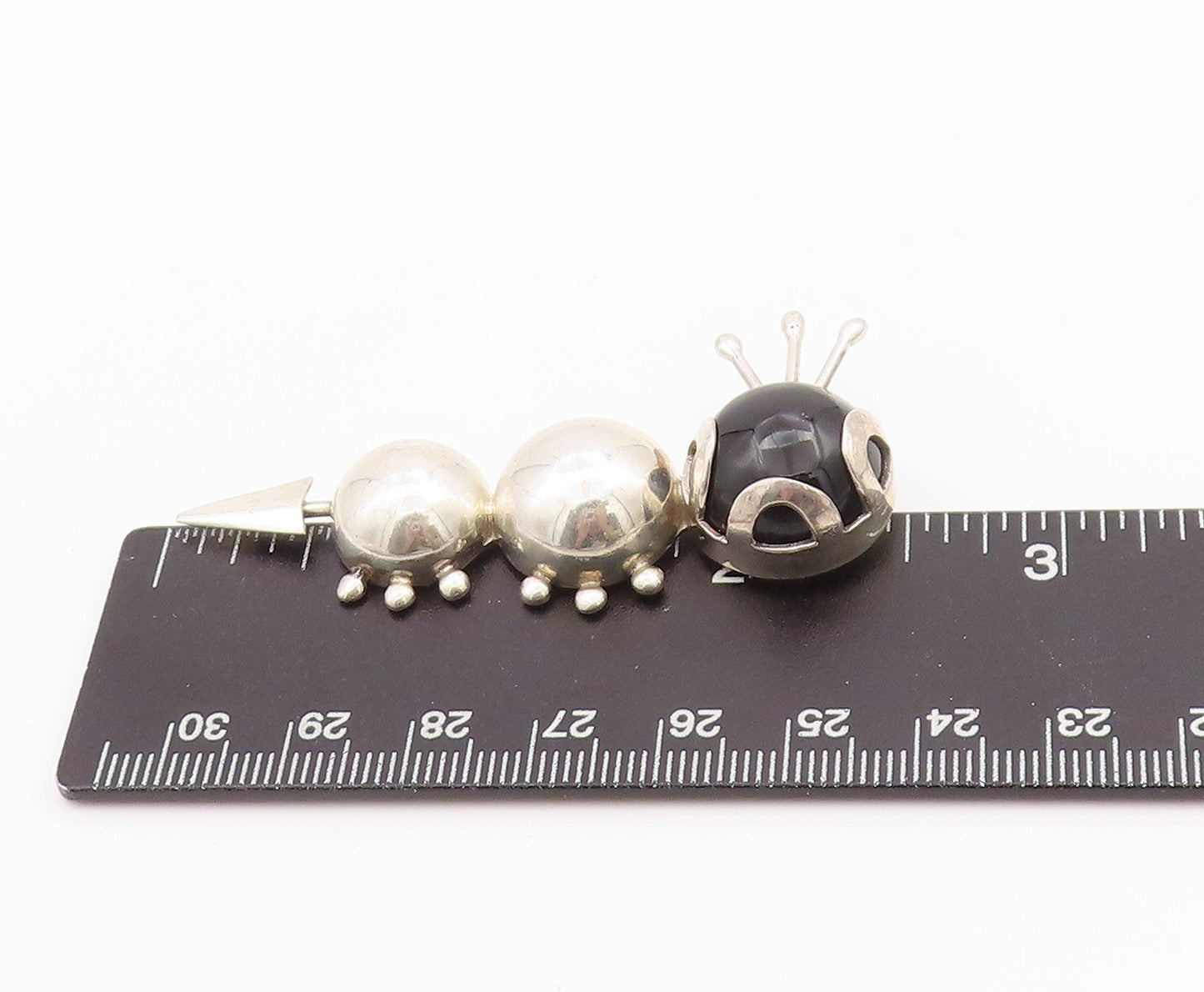 925 Sterling Silver Vintage Brooch MEXICO Onyx Headed Caterpillar  BP11656