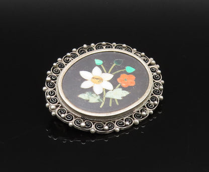 925 Sterling Silver  Vintage Spiral Twist Edge Floral Mosaic Brooch Pin BP9693