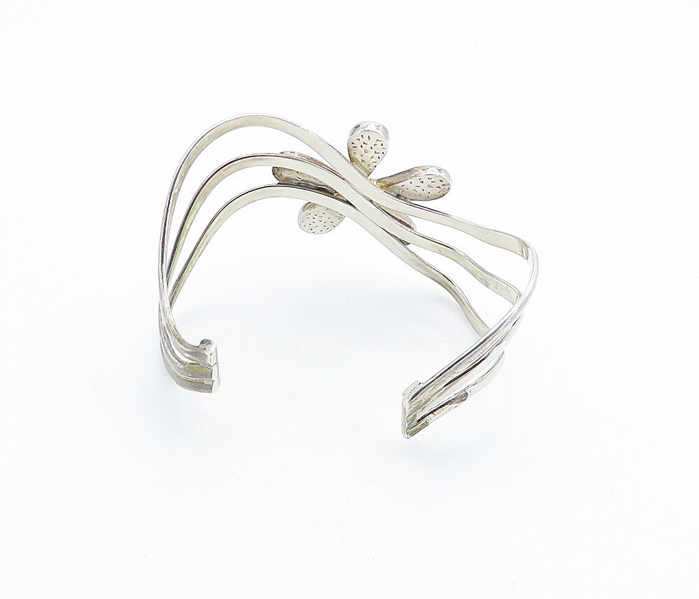 925 Sterling Silver  Vintage Mother Of Pearl Flower Split Cuff Bracelet BT2258