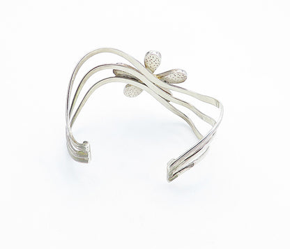 925 Sterling Silver  Vintage Mother Of Pearl Flower Split Cuff Bracelet BT2258