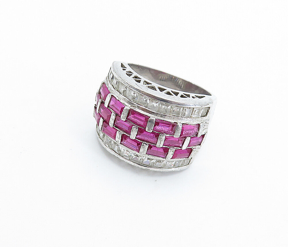 SETA 925 Silver  Pink & White Topaz Brick Layer Shiny Band Ring Sz 7  RG6665