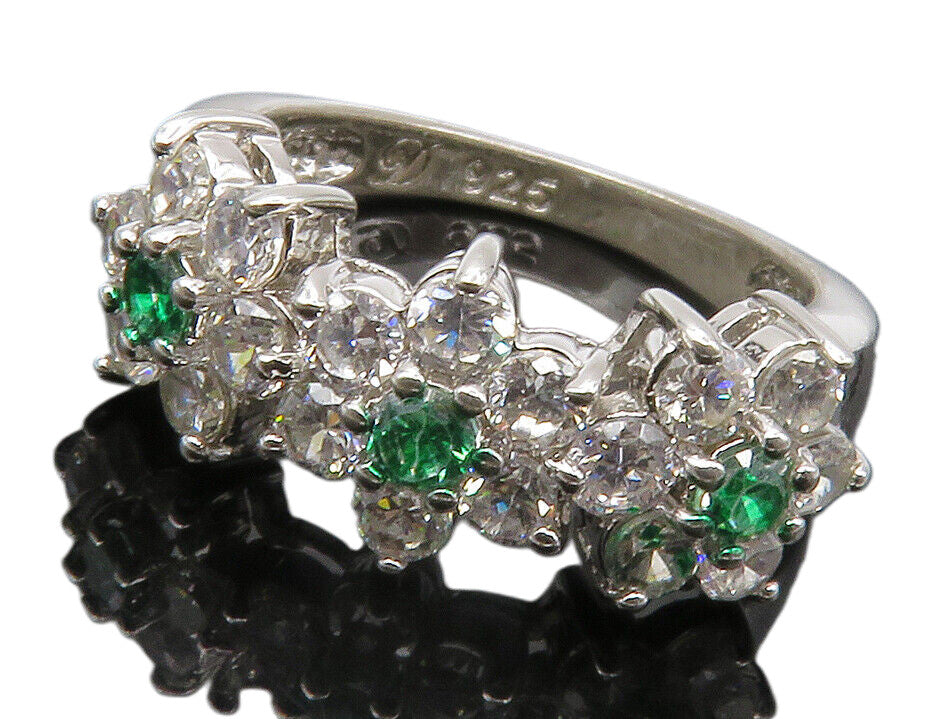 925 Sterling Silver  Cubic Zirconia & Topaz Floral Band Ring Sz 6  RG12579