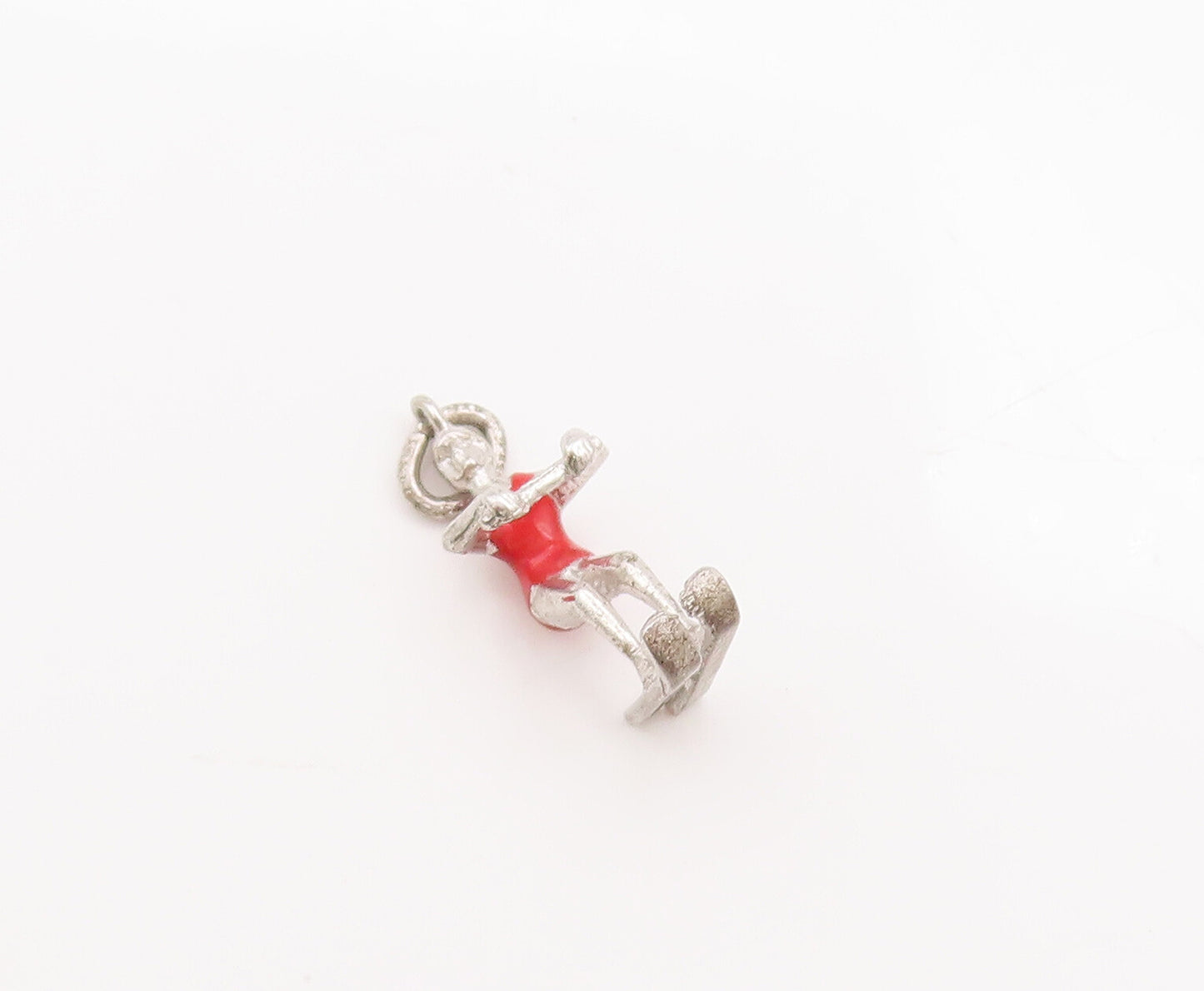 925 Sterling Silver Vintage Pendant Solid 3D Carved Enameled Skiing Girl PT23044
