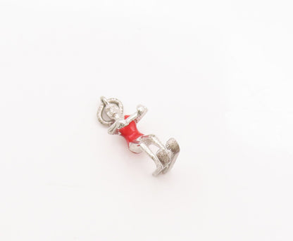 925 Sterling Silver Vintage Pendant Solid 3D Carved Enameled Skiing Girl PT23044