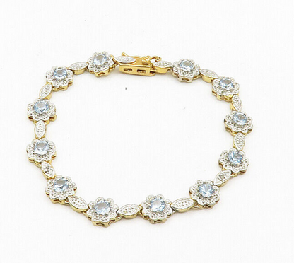 925 Sterling Silver  Shiny Blue Topaz Two Tone Floral Chain Bracelet  BT7336