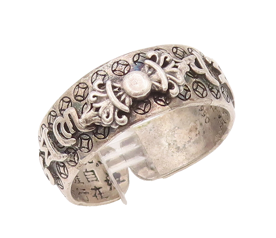 925 Sterling Silver Vintage Ring CHINESE Export Carved Adjustable Sz 12 RG28036