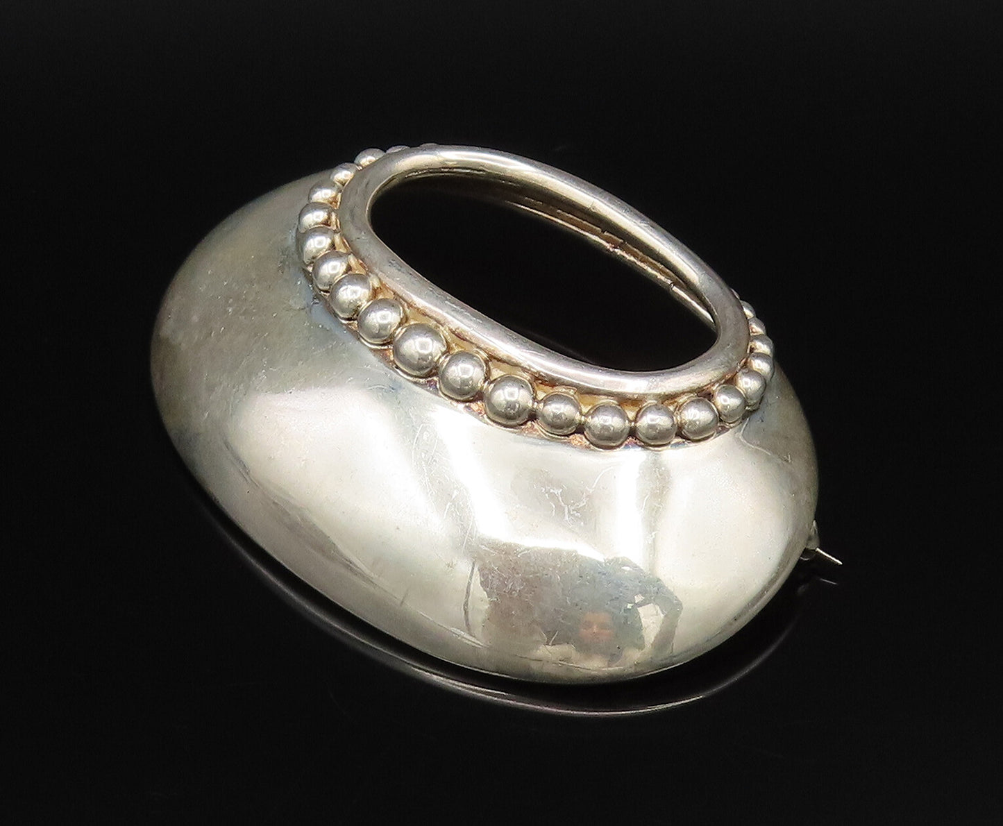 MEXICO 925 Sterling Silver  Vintage Beaded Open Oval Dome Brooch Pin  BP10039