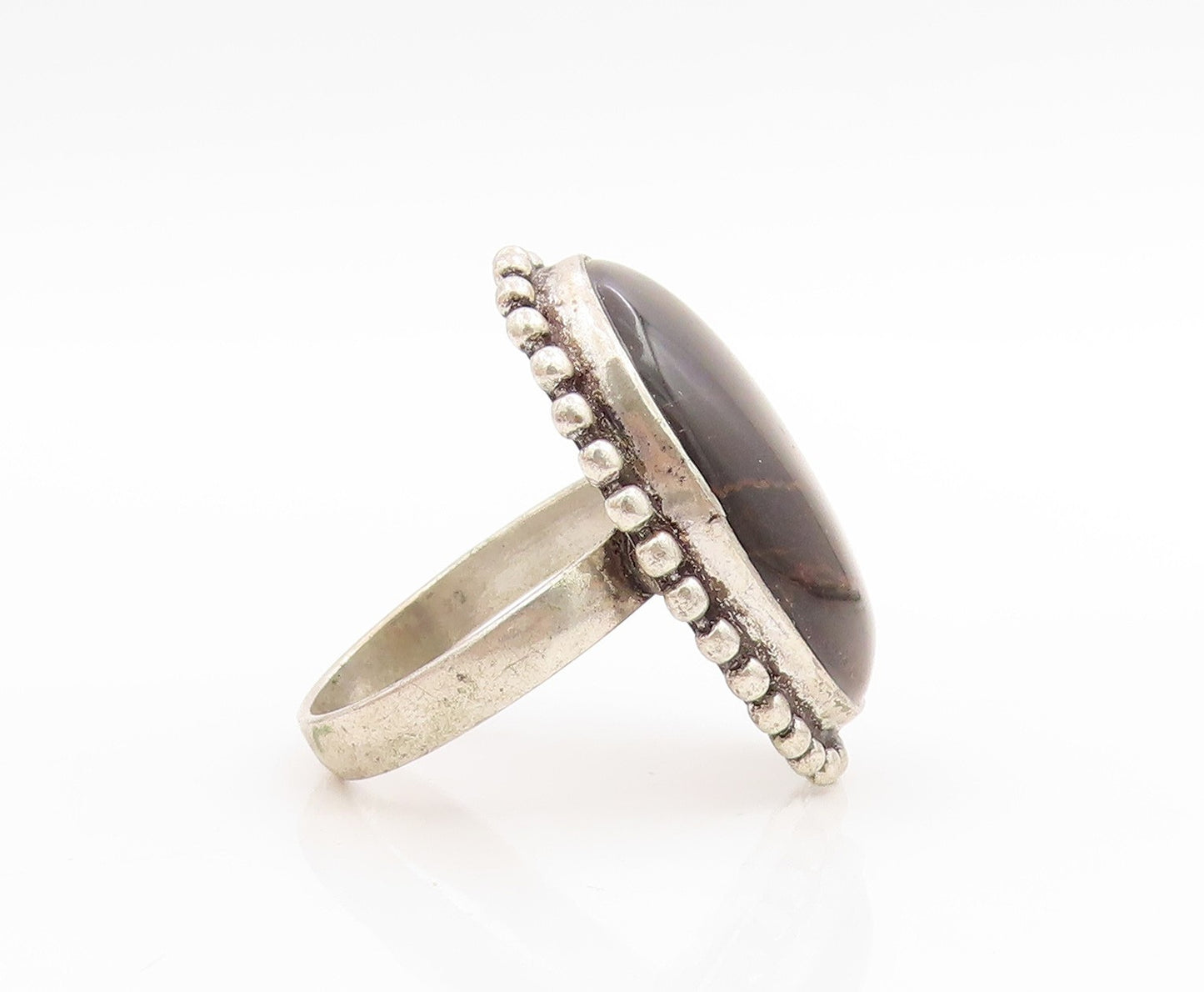 925 Sterling Silver Vintage Ring Large Tiger's Eye Beaded Edge  Sz 12  RG34146