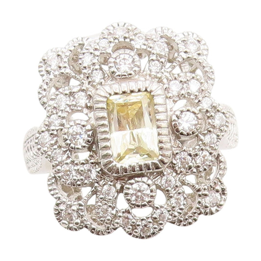 925 Sterling Silver Vintage Ring Two Color CZ Cluster Floral Band  Sz 9  RG33941