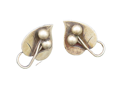 925 Silver  Vintage Antique Cherries Heart Leaf Screw Back Earrings  EG11707