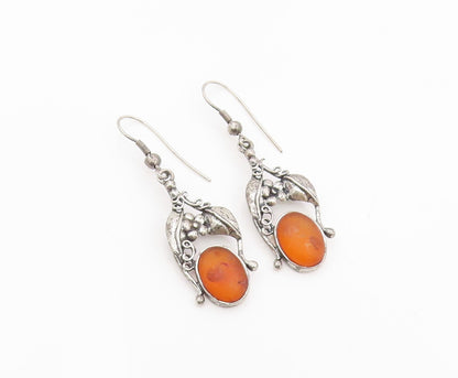 925 Sterling Silver Vintage Earrings POLAND Amber Floral Motif Dangles  EG14171