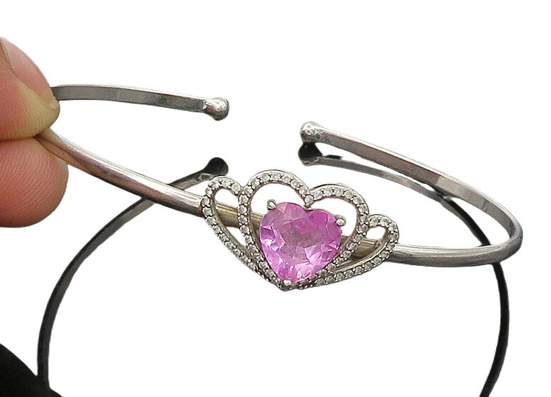 925 Silver  Vintage Genuine Diamonds & Pink Topaz Heart Cuff Bracelet  BT8541