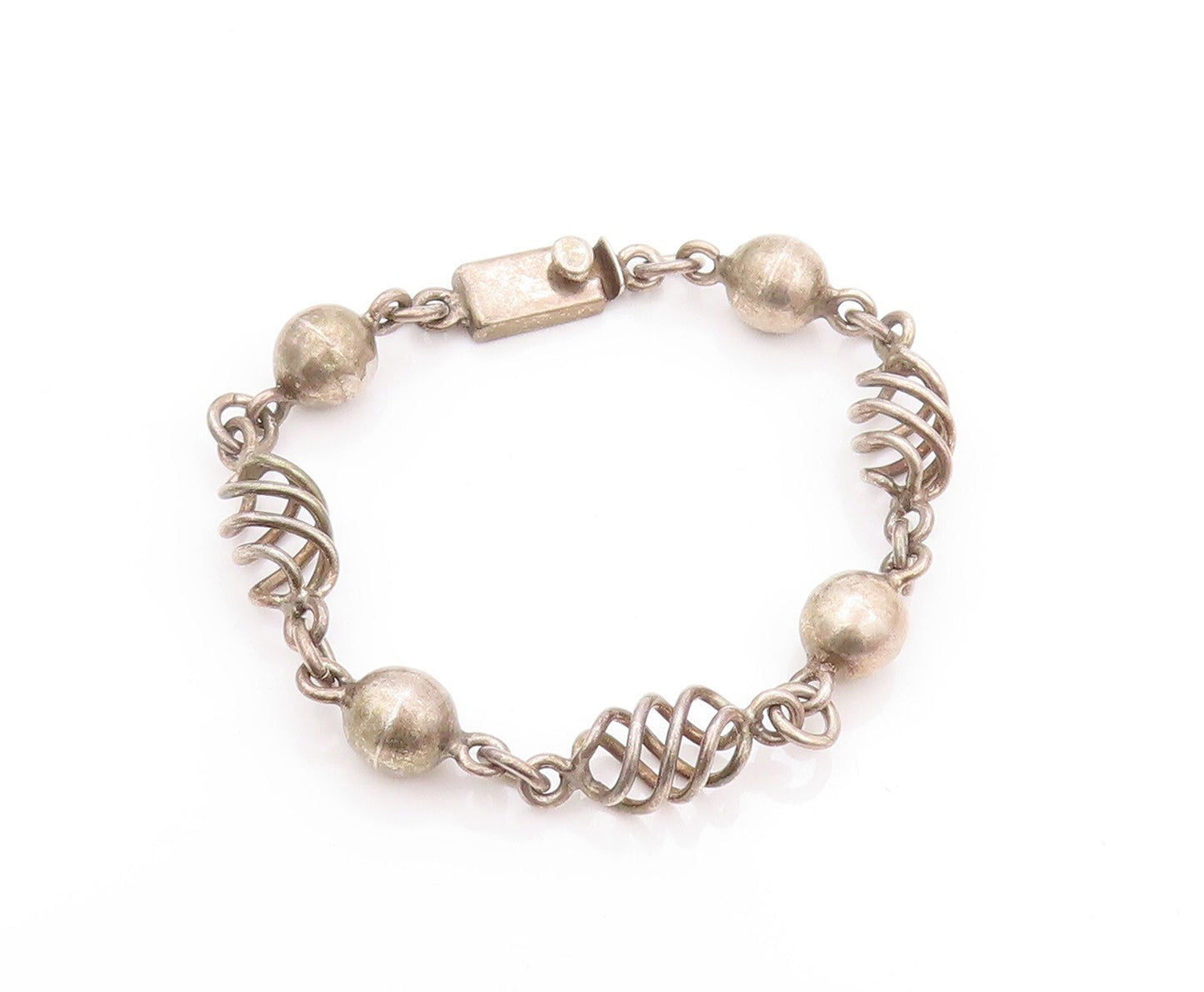 925 Sterling Silver Vintage Bracelet MEXICO Dark Tone Bead & Design Cut  BT11172