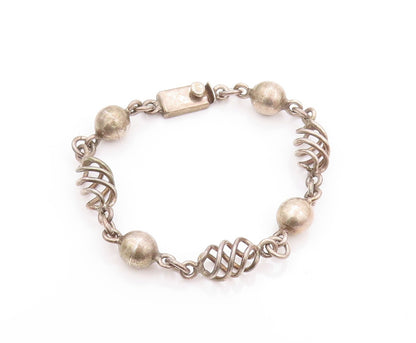 925 Sterling Silver Vintage Bracelet MEXICO Dark Tone Bead & Design Cut  BT11172