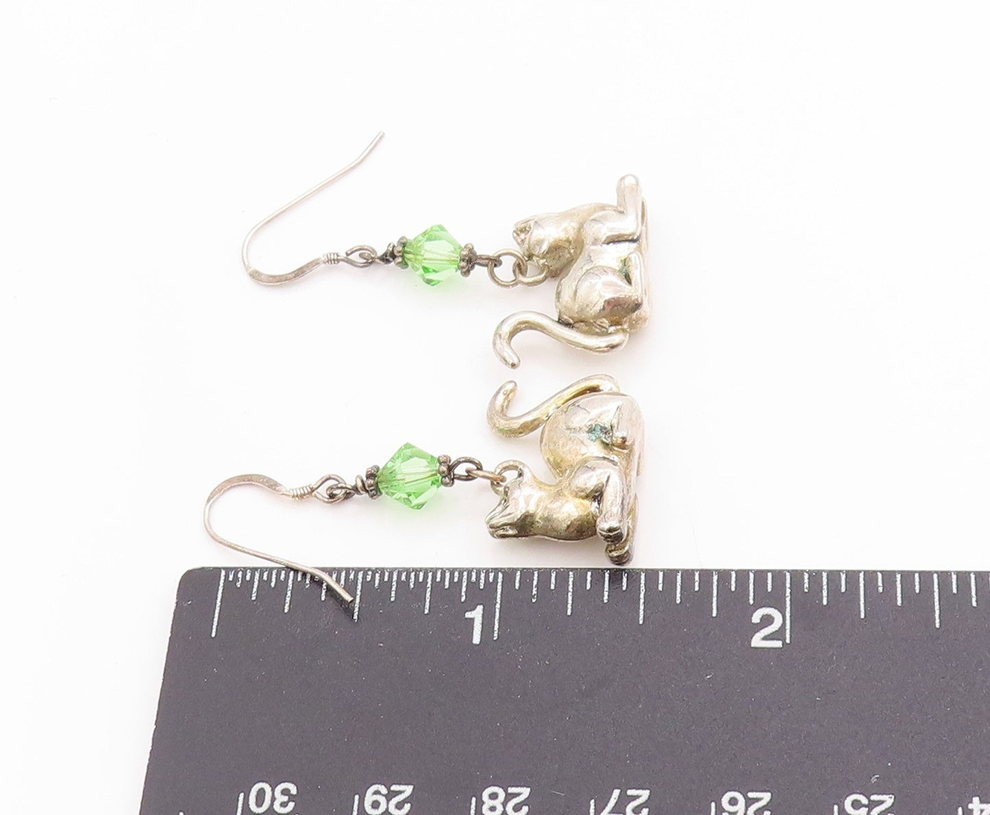 925 Sterling Silver Vintage Earrings Lucky Cat Charm with Green Sparkle  EG13710