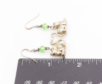 925 Sterling Silver Vintage Earrings Lucky Cat Charm with Green Sparkle  EG13710