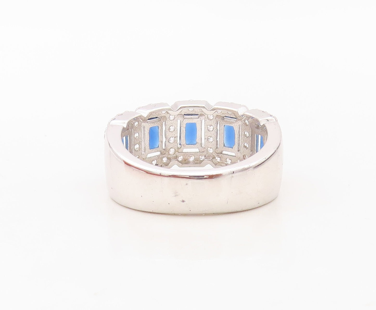 925 Sterling Silver Vintage Ring Rectangle Cut Sapphire Halo CZ  Sz 7.5  RG30237