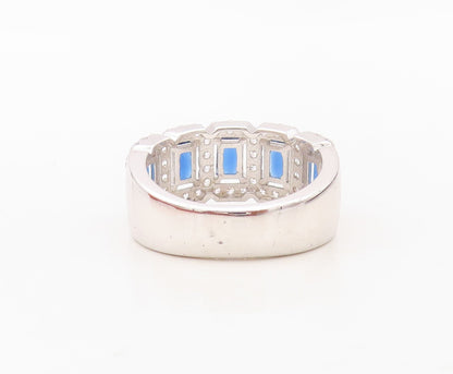 925 Sterling Silver Vintage Ring Rectangle Cut Sapphire Halo CZ  Sz 7.5  RG30237