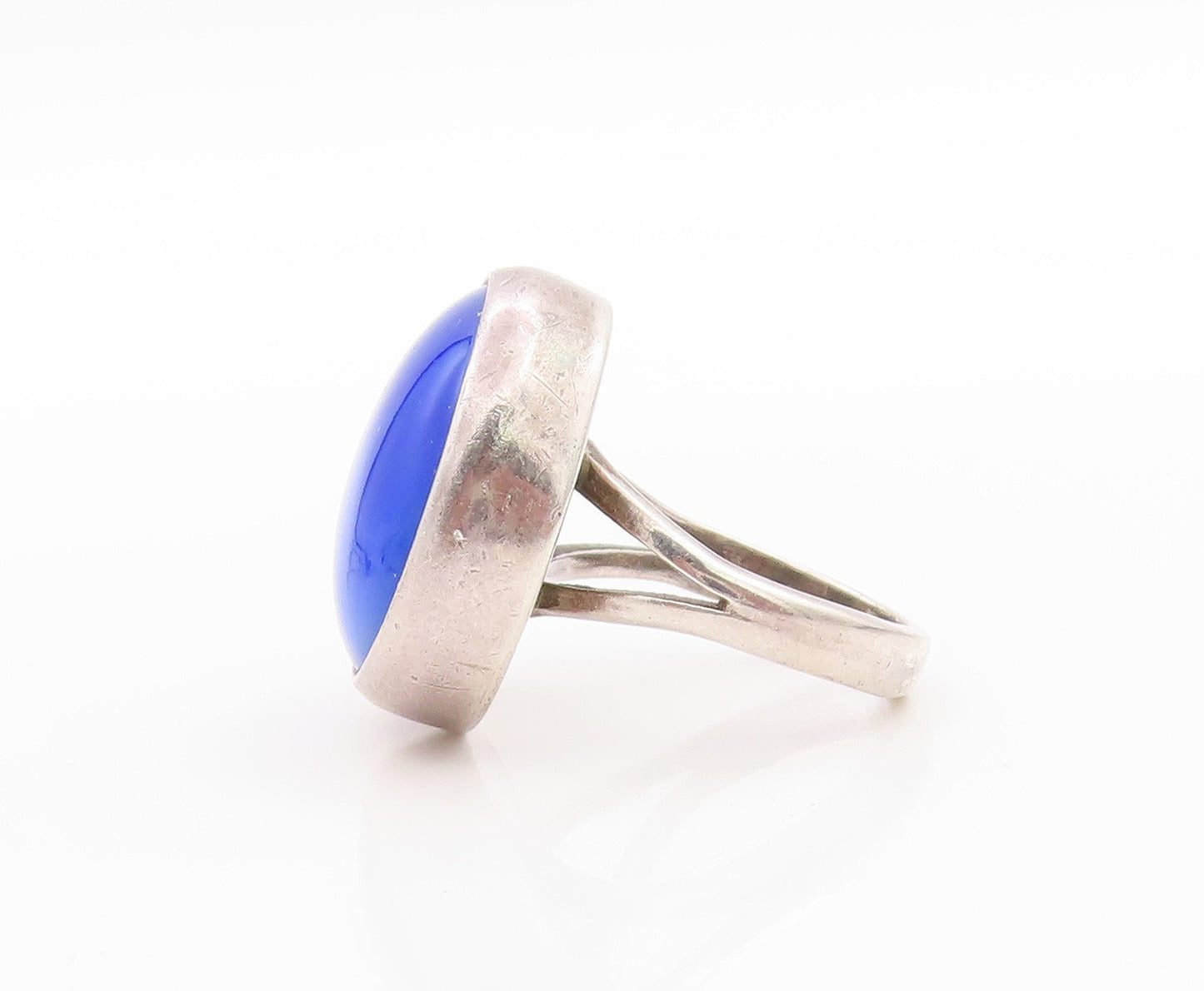 925 Sterling Silver Vintage Ring Cabochon Blue Round Gemstone  Sz 5  RG33315