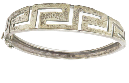 925 Sterling Silver  Vintage Greek Key Cutout Hinge Bangle Bracelet  BT4712