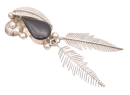 925 Sterling Silver Vintage Brooch Pin MEXICO Drop Cut Onyx Carved Leaf  BP10745