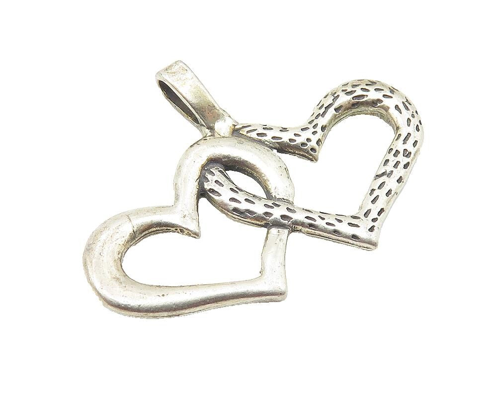 925 Sterling Silver  Vintage Double Open Love Hearts Etched Pendant  PT8260