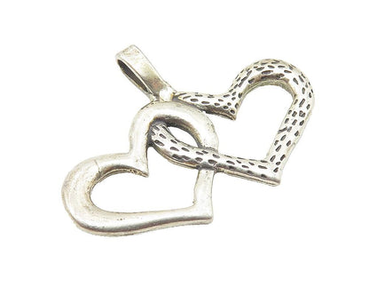 925 Sterling Silver  Vintage Double Open Love Hearts Etched Pendant  PT8260