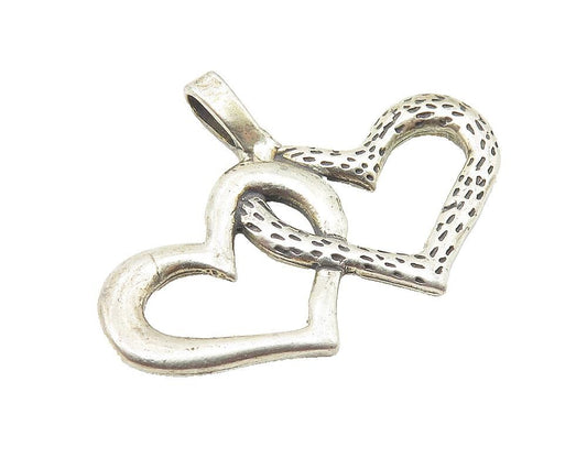 925 Sterling Silver  Vintage Double Open Love Hearts Etched Pendant  PT8260