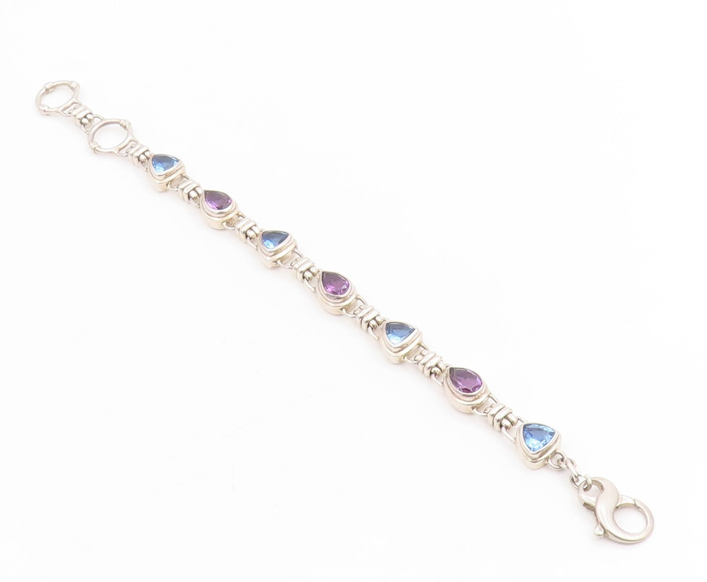 925 Sterling Silver Vintage Bracelet Amethyst & Blue Topaz Link Chain  BT11465