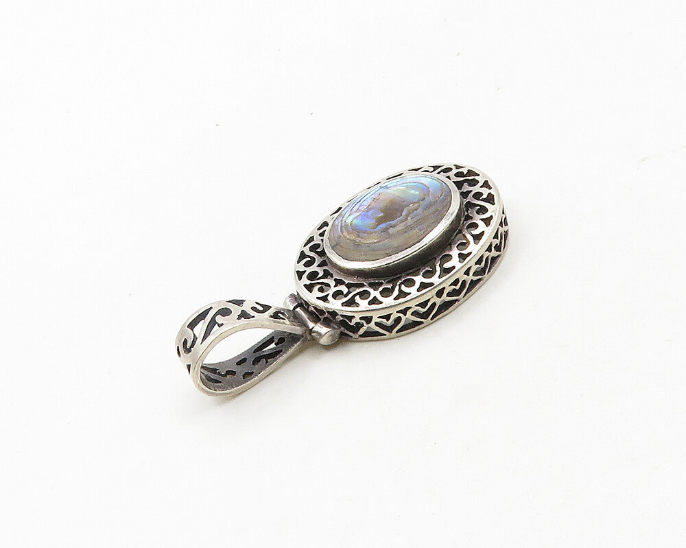 925 Sterling Silver  Vintage Abalone Shell Oval Swirl Border Pendant  PT15032