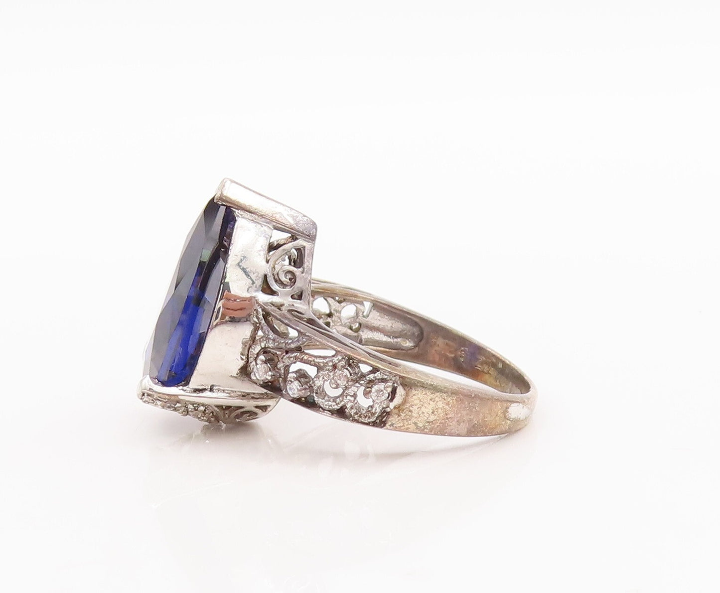 925 Sterling Silver Vintage Ring Sapphire Swirly Carved CZ Inlay  Sz 6  RG29613