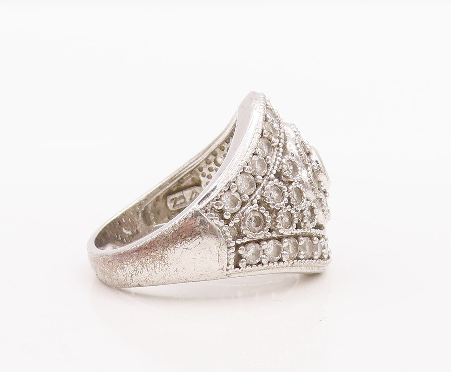 925 Sterling Silver Vintage Ring Round Topaz Beaded Floral Design  Sz 7  RG29073