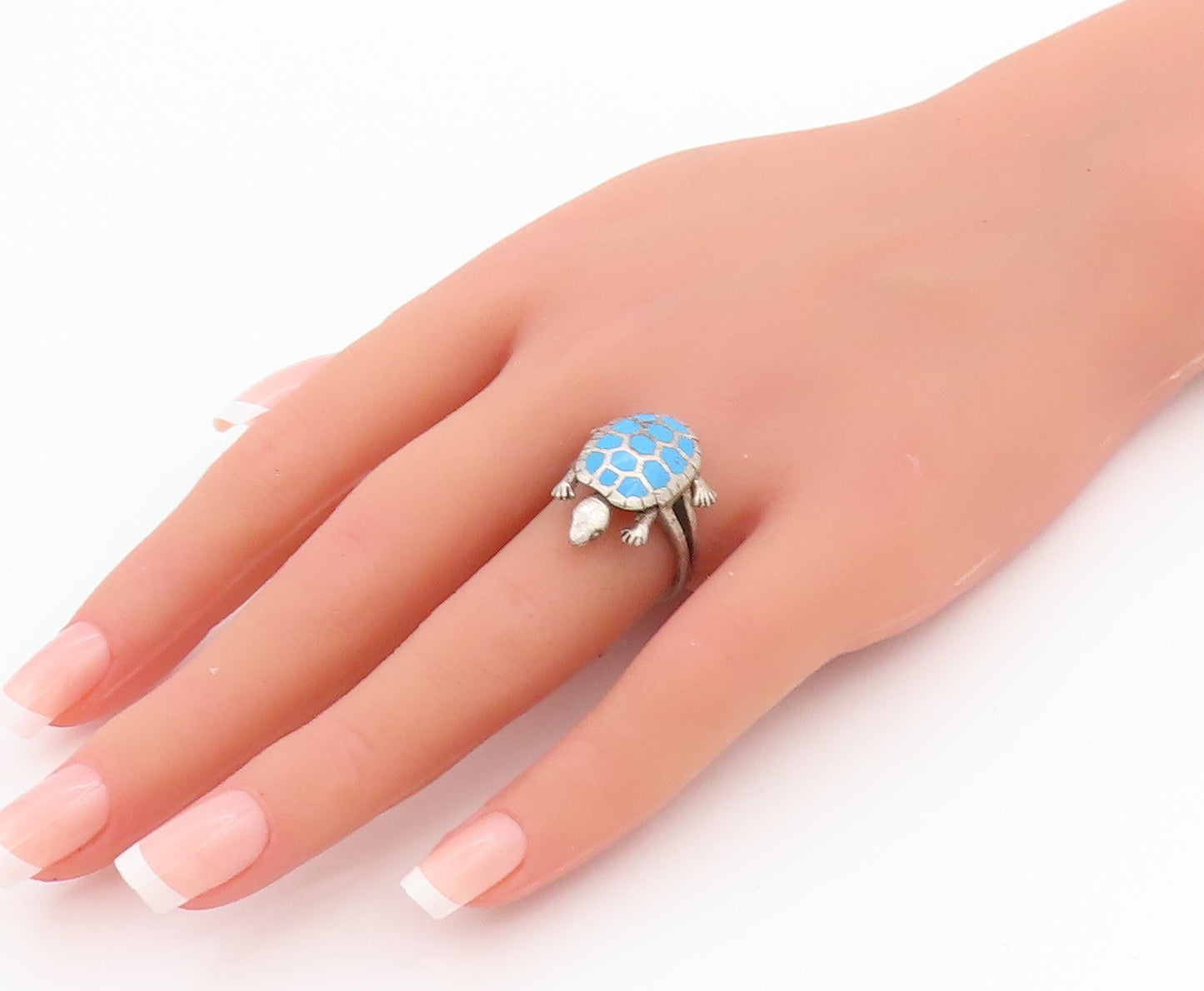 925 Sterling Silver Vintage Ring Gemstone Inlay Turtle Moves  Sz 6.5  RG33179