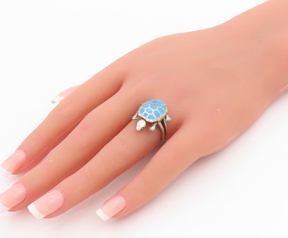 925 Sterling Silver Vintage Ring Gemstone Inlay Turtle Moves  Sz 6.5  RG33179