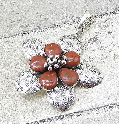 925 Sterling Silver  Red Jasper Wild Spring Flower Drop Pendant  PT1433