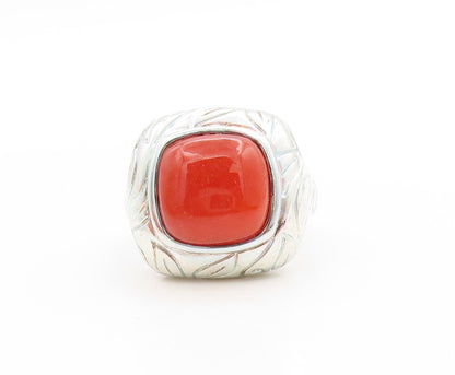 925 Sterling Silver Vintage Ring Carnelian Etched Floral Leaf Band Sz 7 RG33696