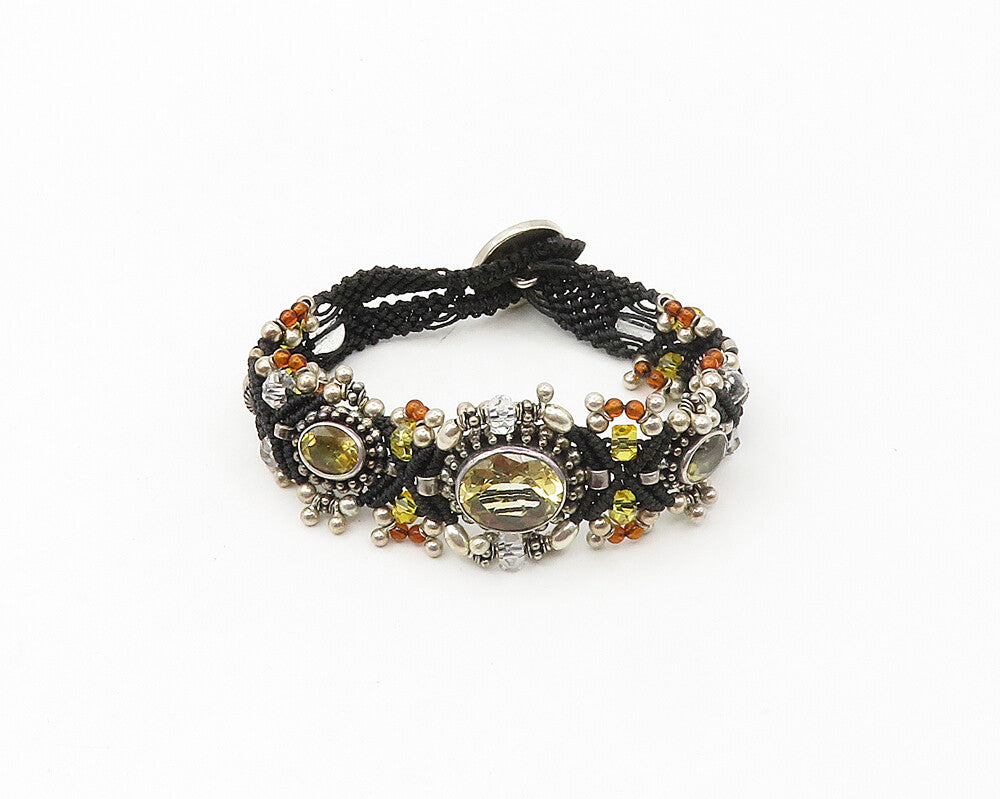 925 Sterling Silver  Vintage Yellow Topaz & Amber Weaved Chain Bracelet BT6851