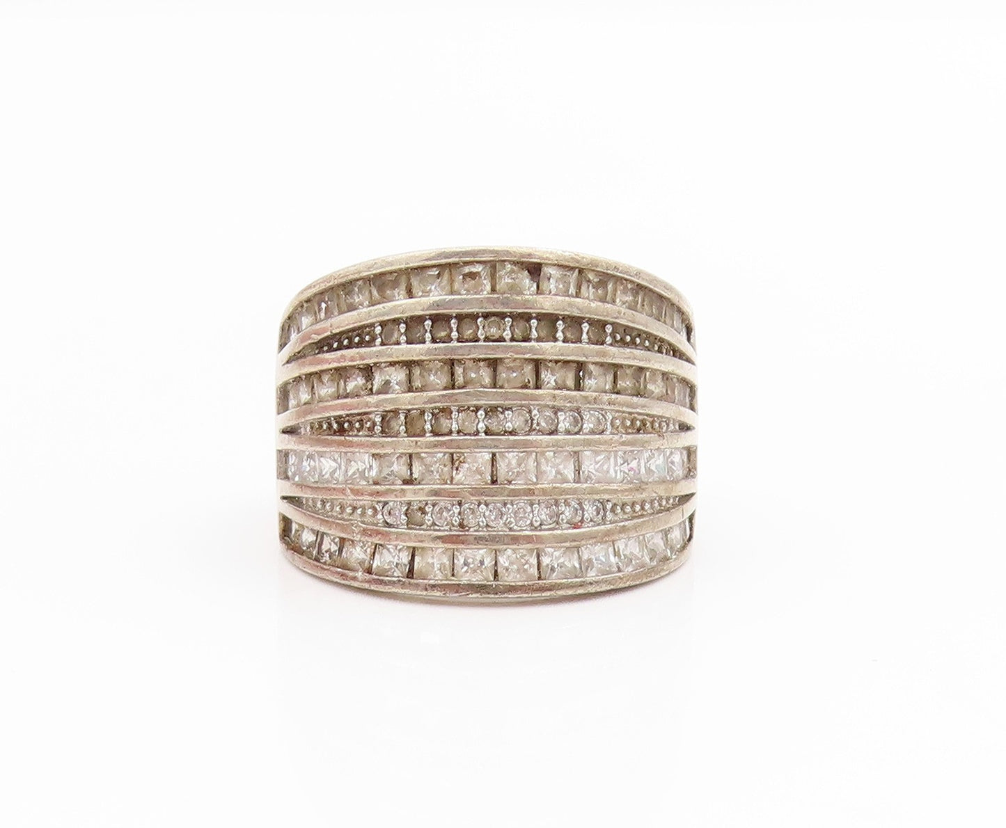 925 Sterling Silver Vintage Ring CZ Multi Row Channel Set Band  Sz 9  RG34440
