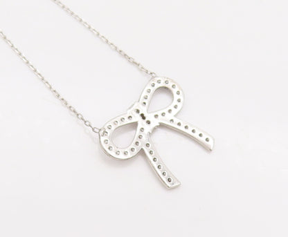 925 Sterling Silver  Vintage Minimalist CZ Bow Thin Chain Necklace  NE4086