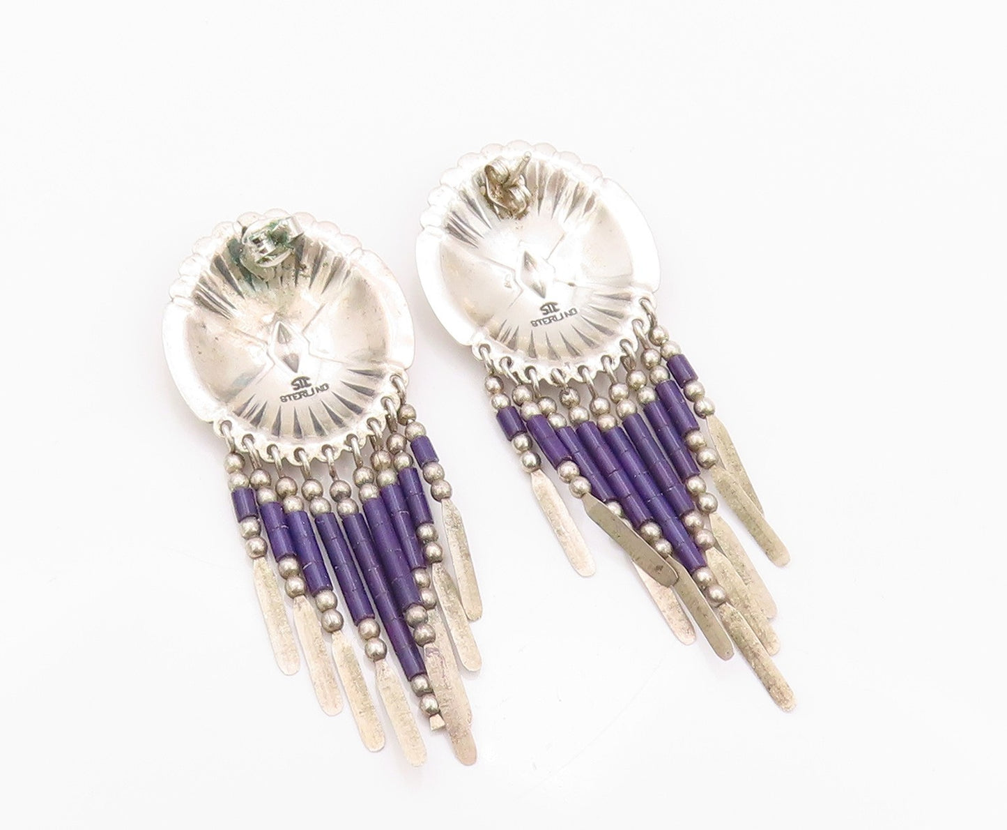 925 Sterling Silver Vintage Earrings NAVAJO Trible Design Etched Dangles EG13482