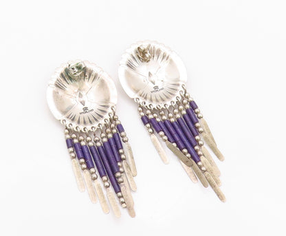 925 Sterling Silver Vintage Earrings NAVAJO Trible Design Etched Dangles EG13482