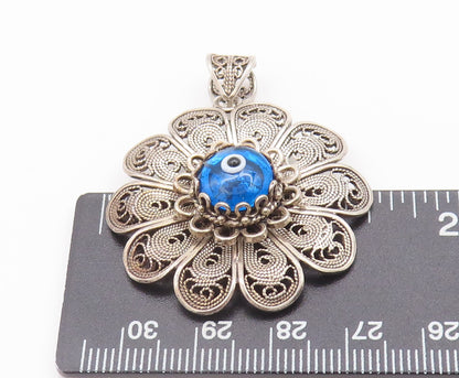 925 Sterling Silver Vintage Pendant Swirly Filigree Work Evil Eye Flower PT22707